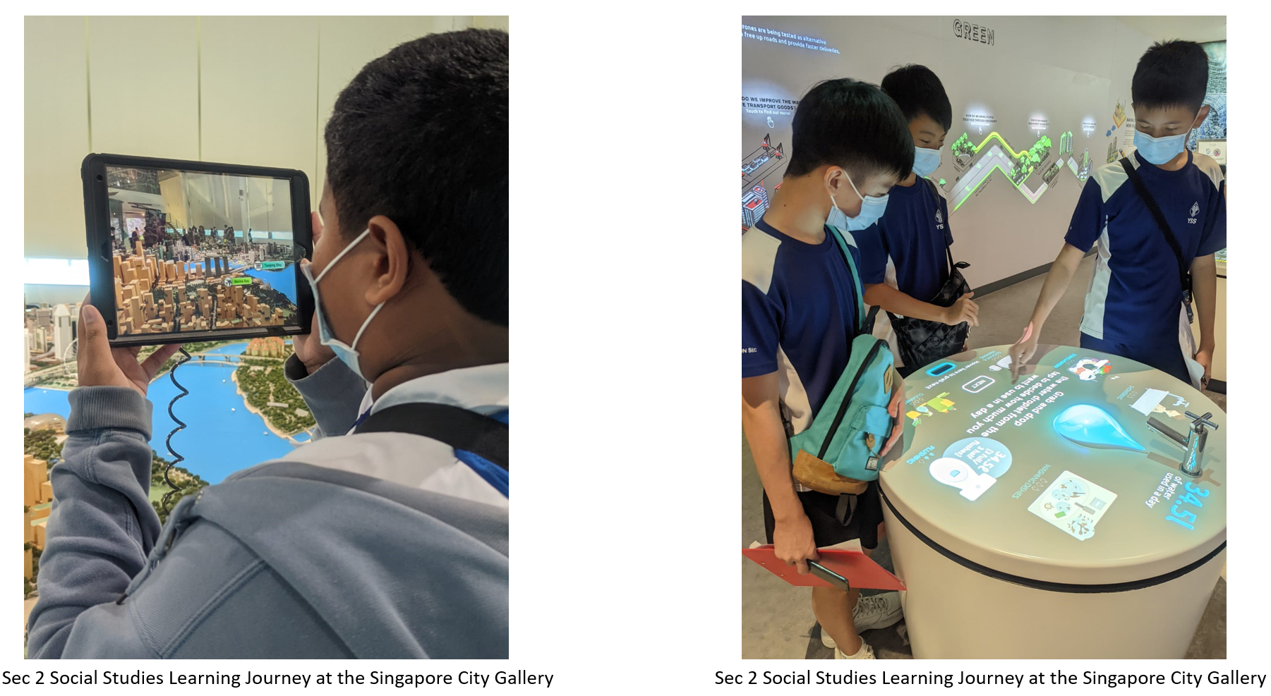 Students wearing masks explore Singapore City Gallery, one using a tablet over a city model, others at an interactive display.